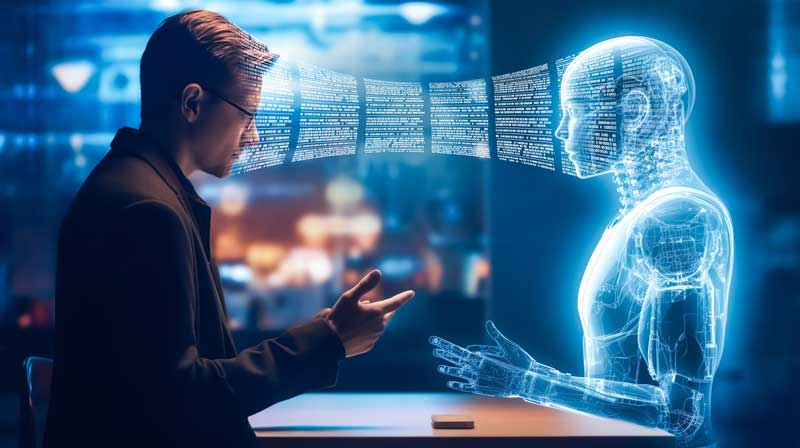 Picture of a AI image generate representing a human communicating with an AI human a like.